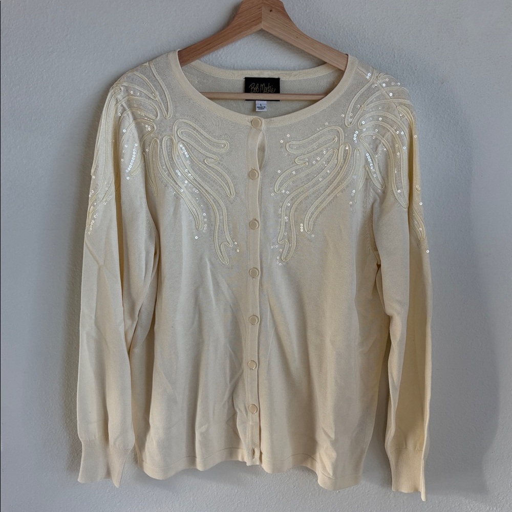 BOB MACKIE Large Wearable Art Sequin Sparkle Cardigan Sweater